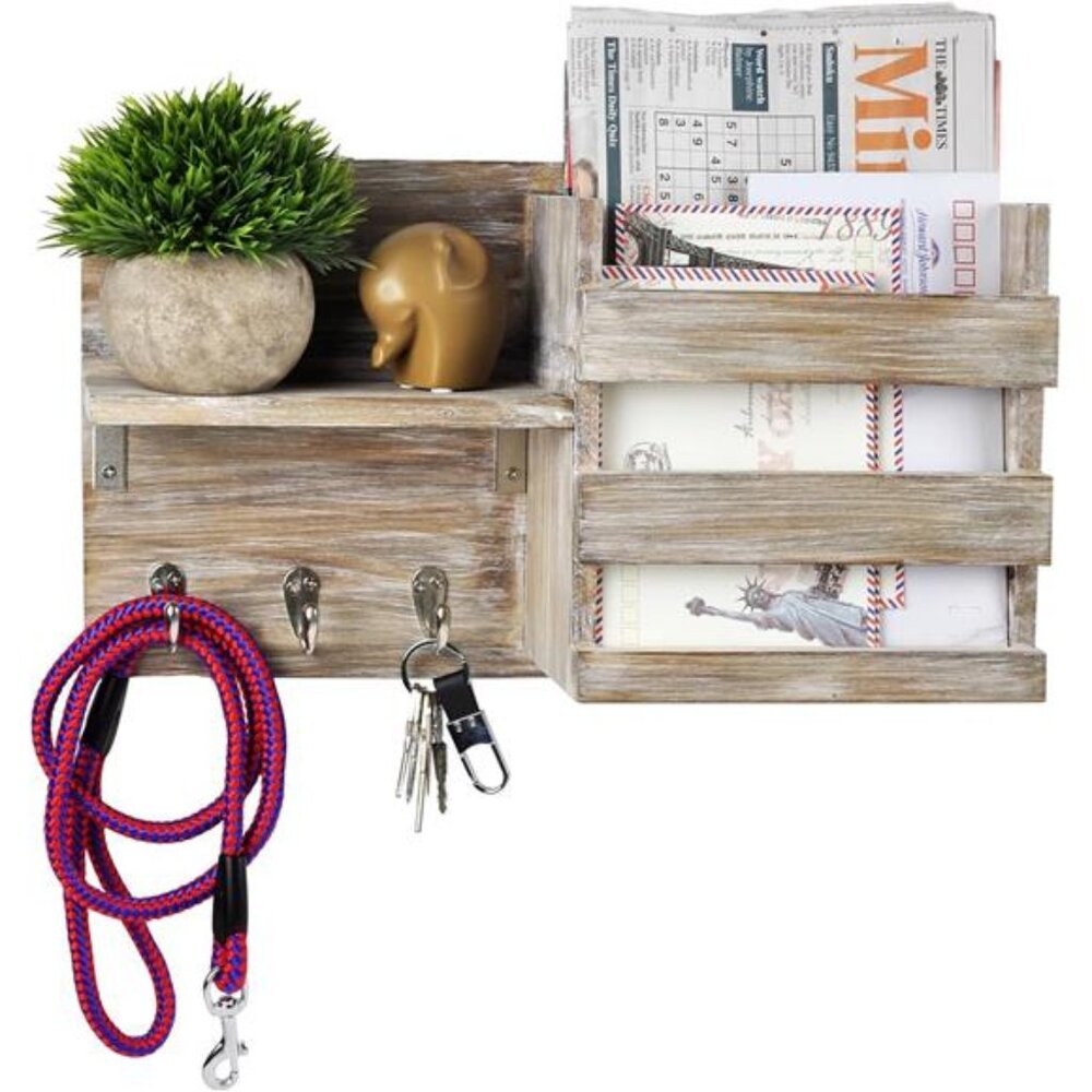 Wall-Mounted Key Hooks Holder and Mail Sorter - Rustic Wood Grey